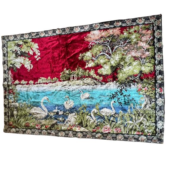 Vintage Ornate Swan Lake Floral Bird Tapestry 46”x68” Moroccan - Picture 1 of 8